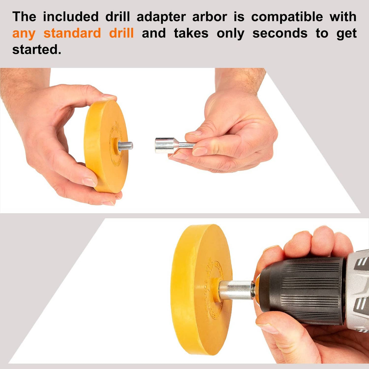 Yellow eraser wheel and metal drill adapter arbor, shown being assembled by hands