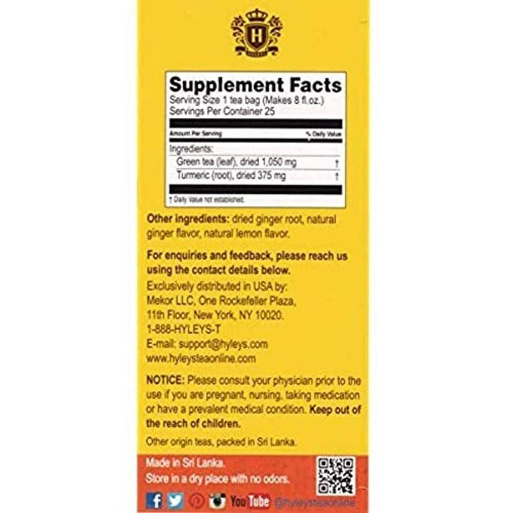 Turmeric green tea herbal supplement tea bag box, supplement facts and ingredient list