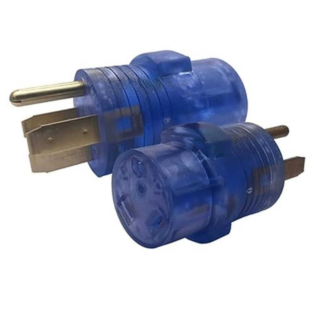 Blue RV power conversion plug with gold pins and side connector blades, angled view