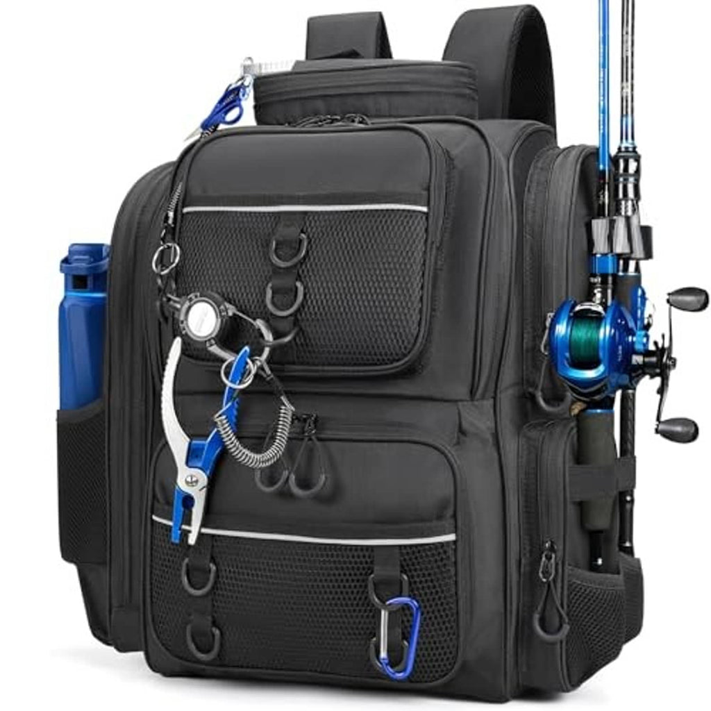 Black fishing backpack with front organizer pocket and side rod holders with reel