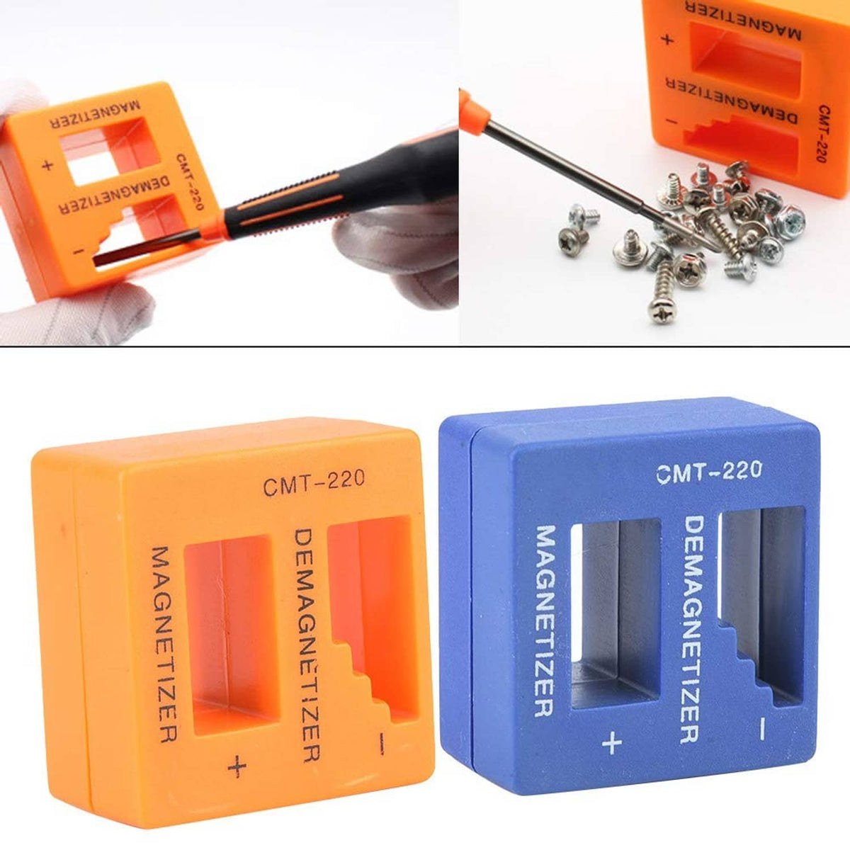 2-in-1 magnetizer/demagnetizer cubes with screwdriver bits and small metal screws