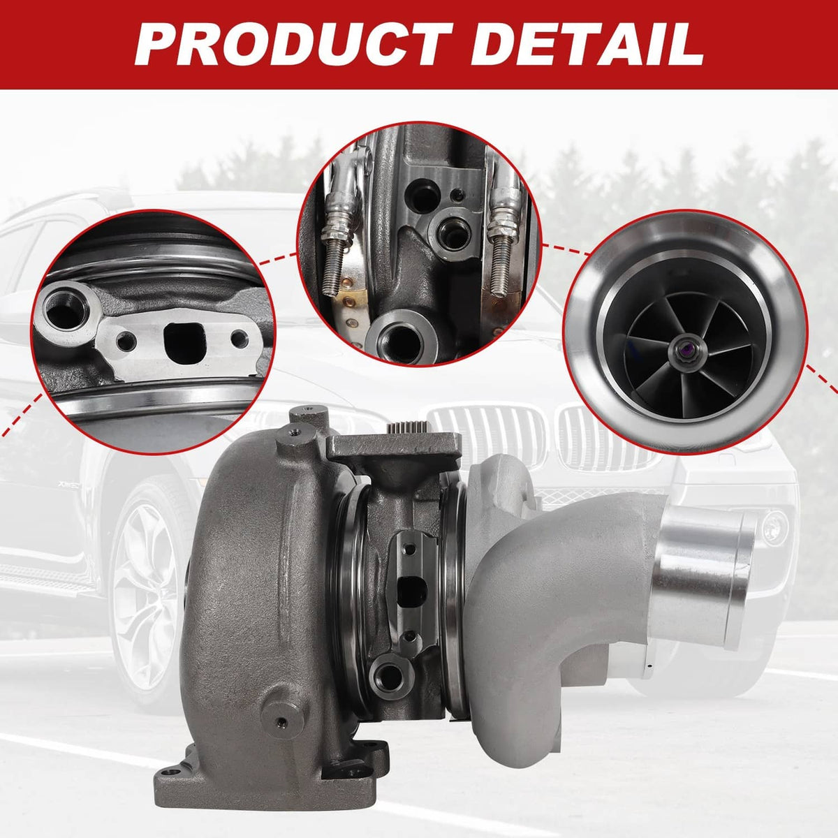 Turbocharger with turbine housing and compressor area, close-up angled view