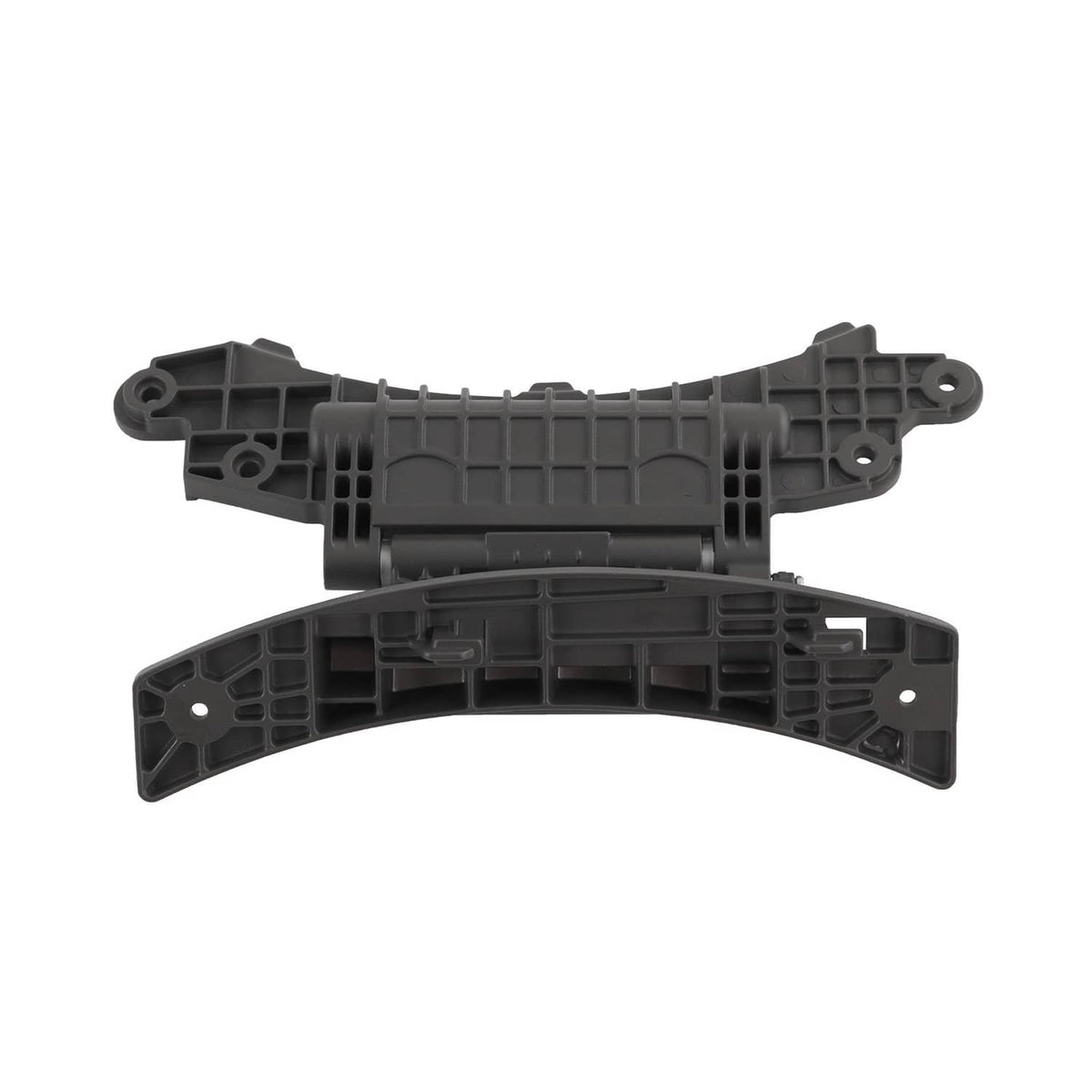 Washer door hinge bracket with dark plastic housing and metal pivot rod