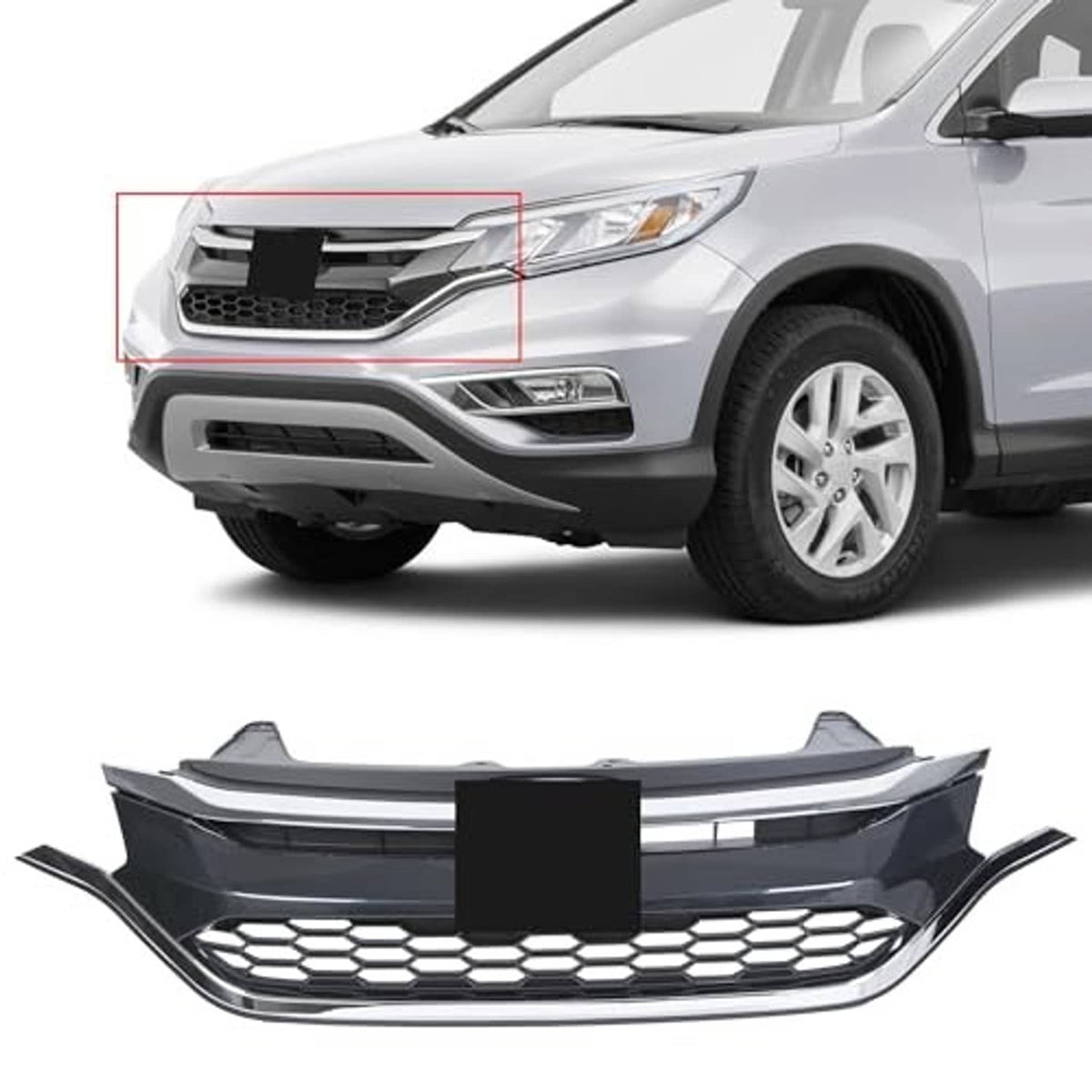 Front grille insert with black honeycomb mesh and chrome-style frame