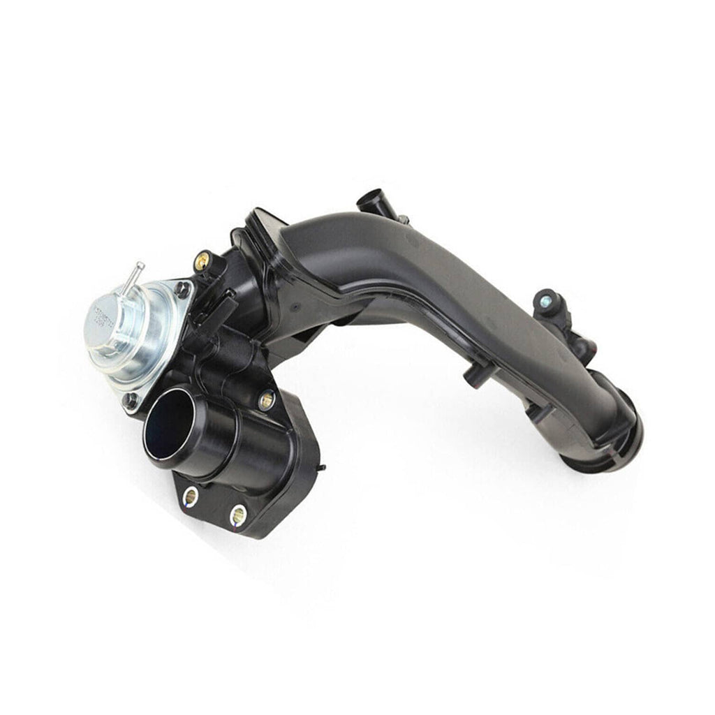Black charge air pipe joint with silver metal component and rubber elbow hose