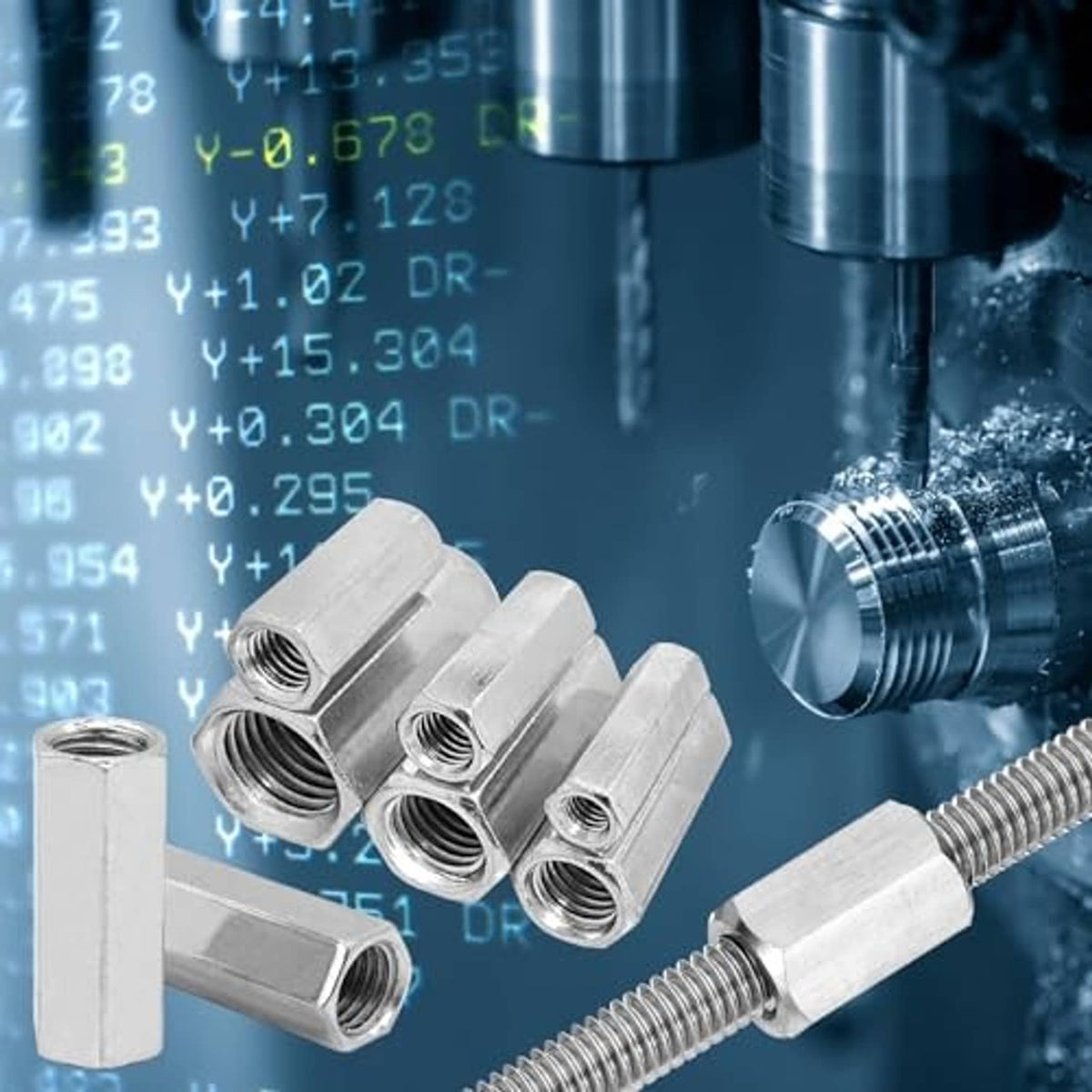 Stainless steel hex coupling nuts with threaded bores beside bolts