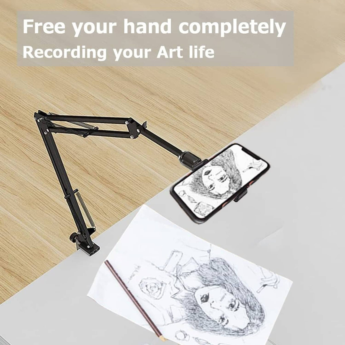 Black overhead tripod mount with clamp holding smartphone for overhead recording