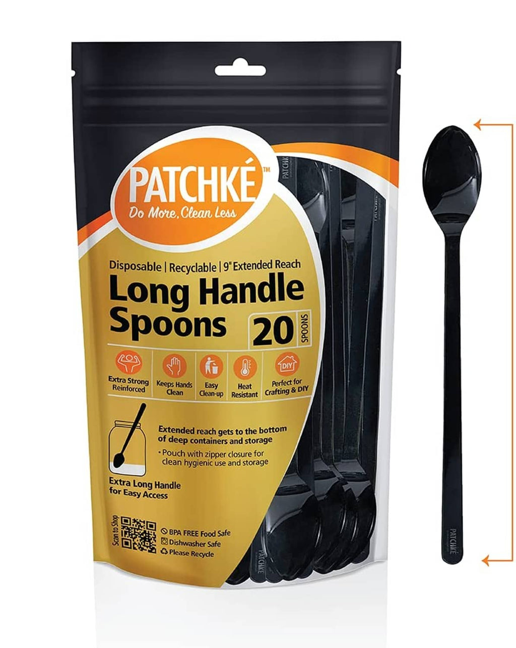 Black long-handle disposable spoon pack with a single spoon shown side view