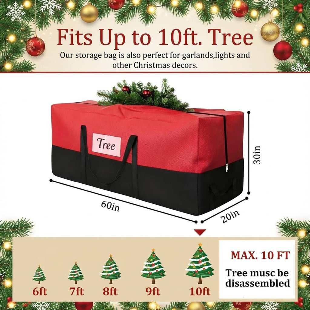 Red top and black base Christmas tree storage bag with front fabric label and handles.