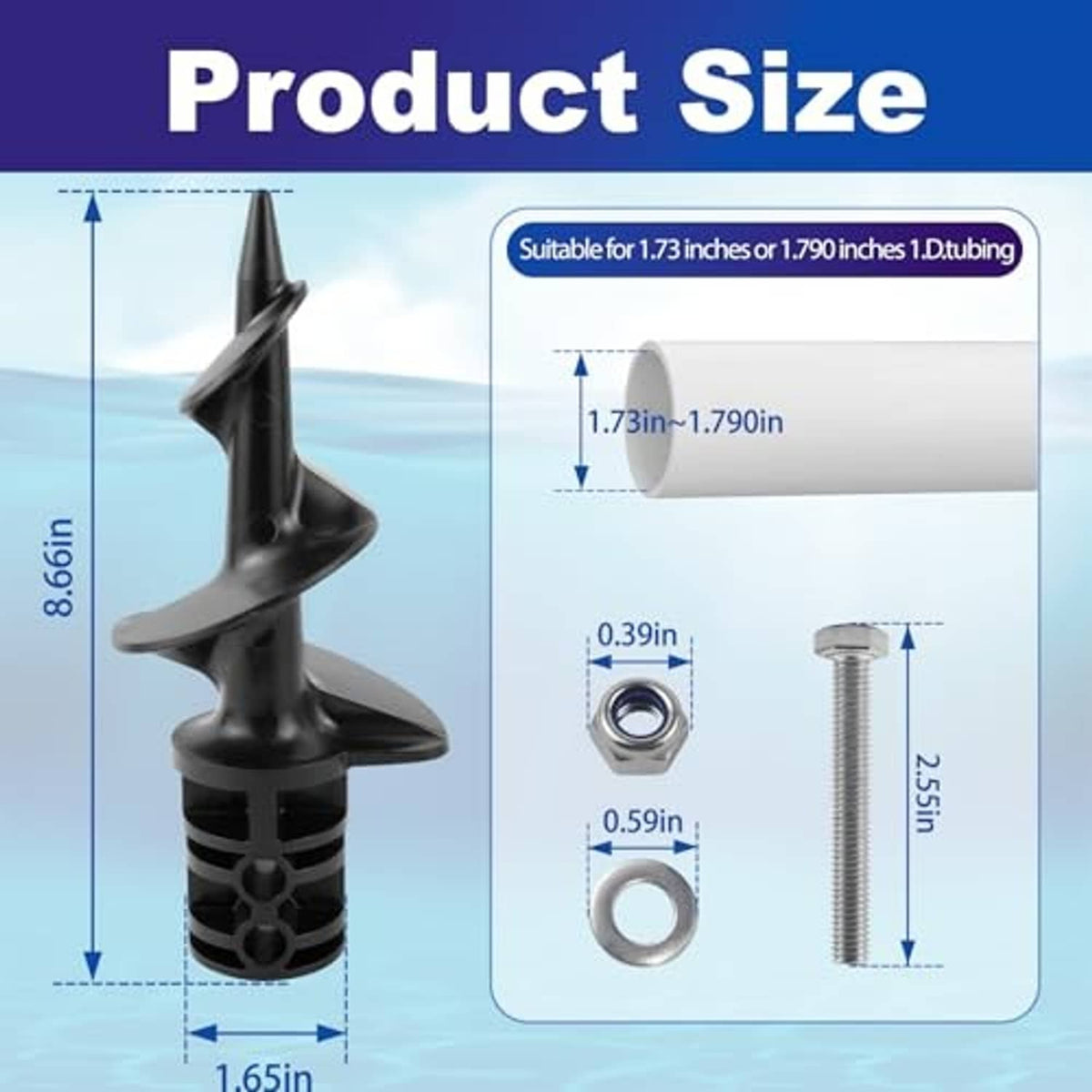 Black dock sand auger with stainless mounting bolt and nut, size diagram
