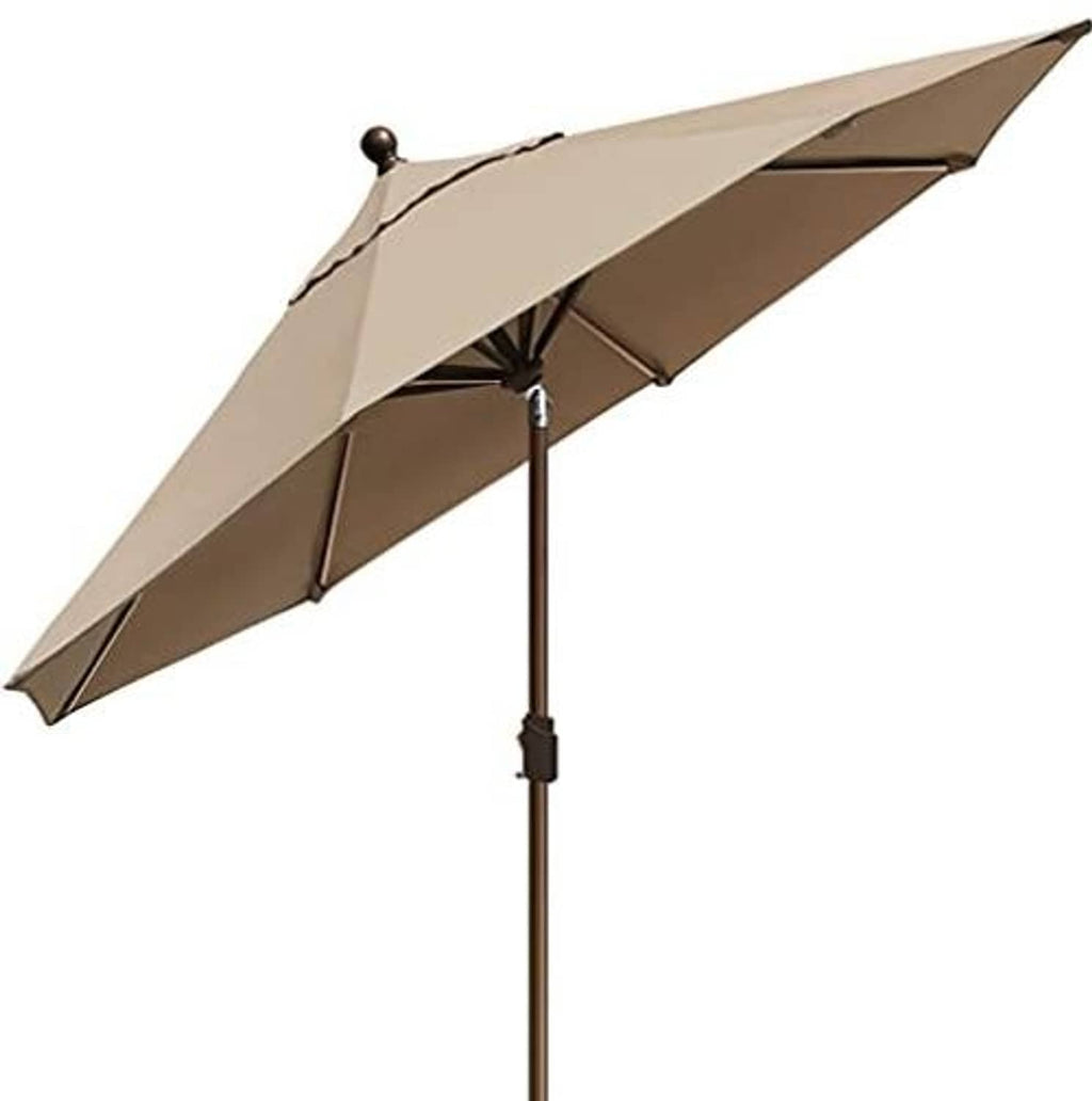 Heather beige 9ft patio market umbrella shown at side angle