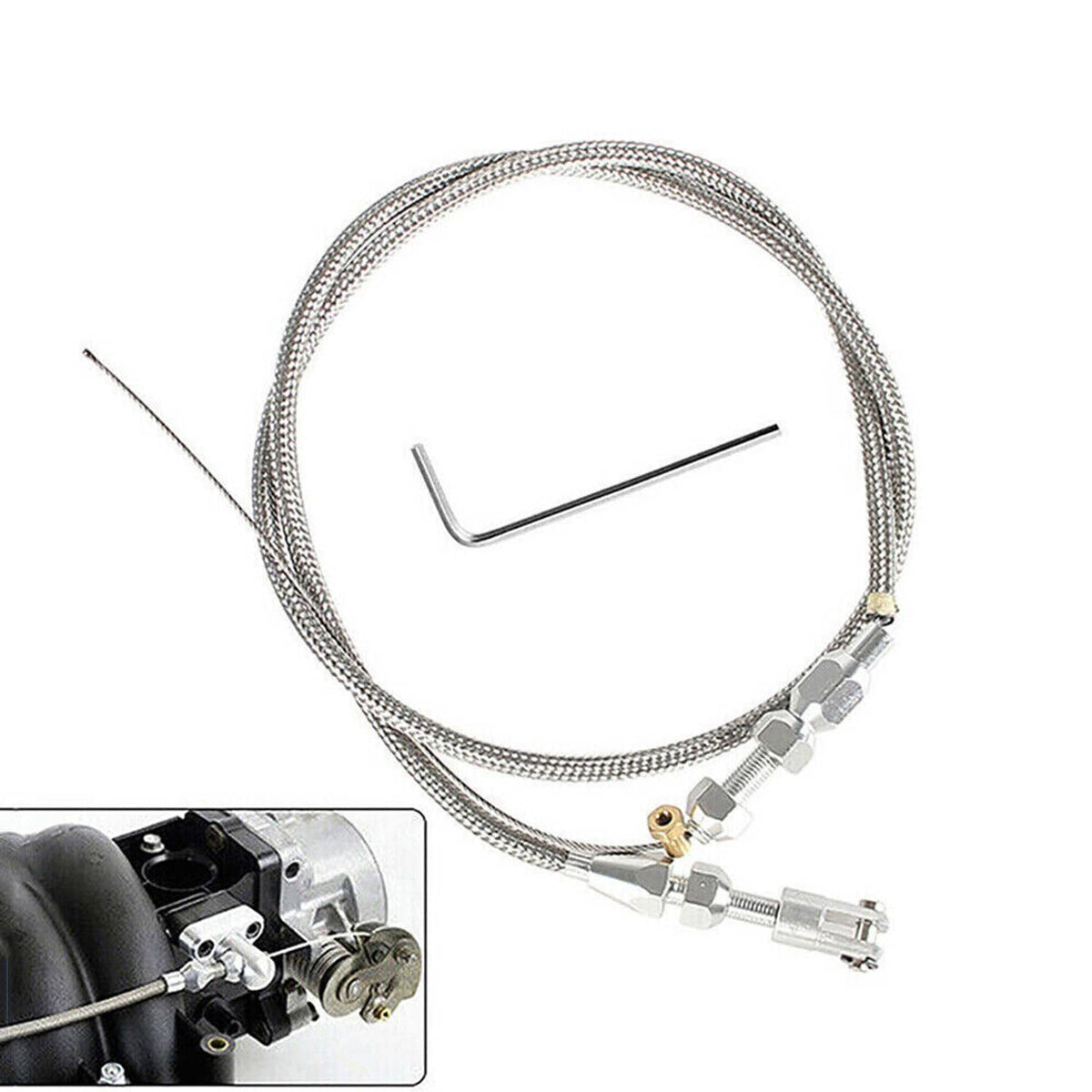 Braided throttle cable with metal ends and included hex adjustment tool