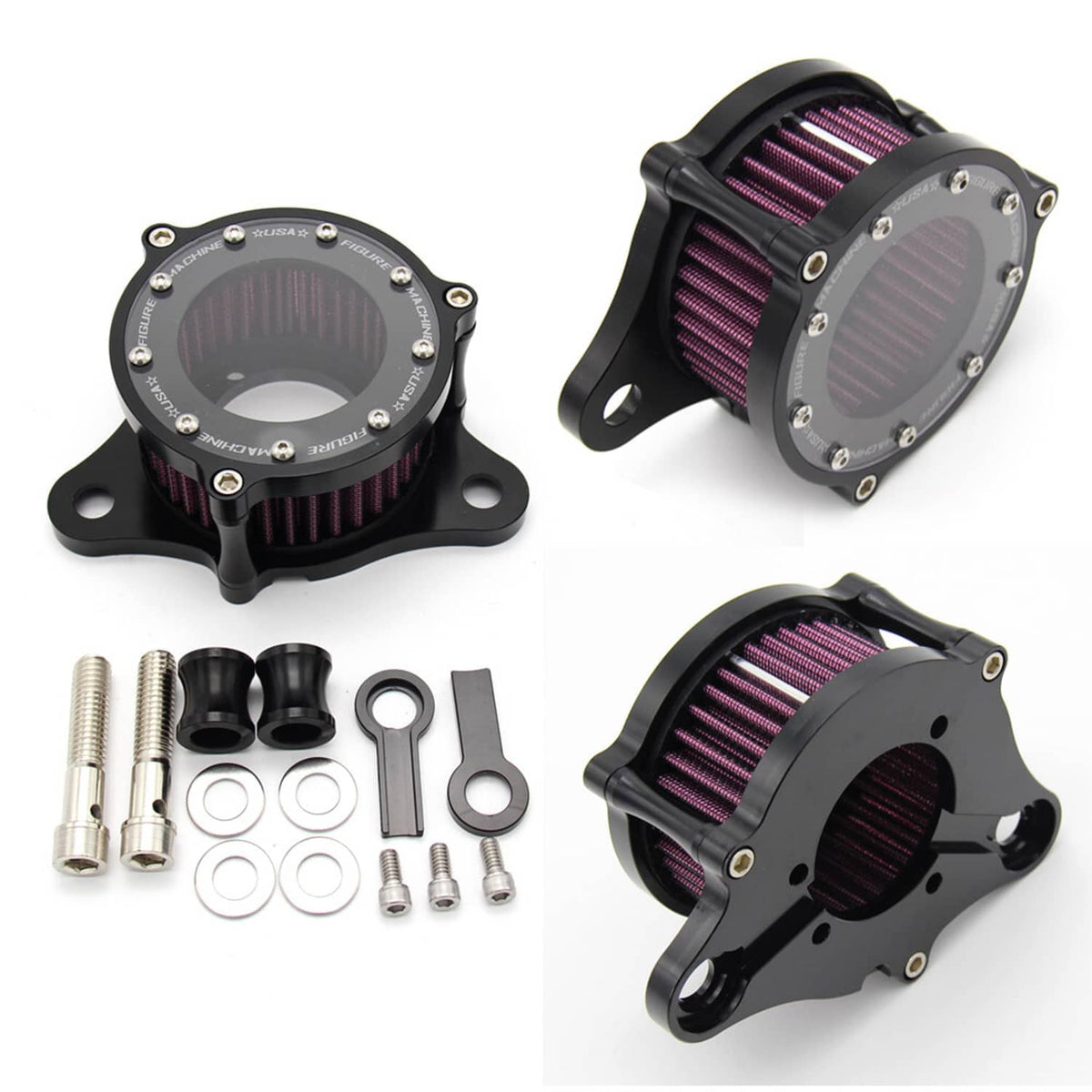 Air cleaner intake filter kit with black covers, red pleated filter, and included bolts