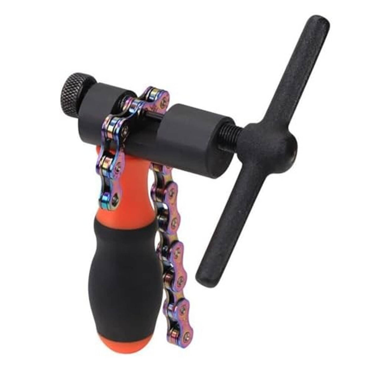 Bike chain breaker pliers head with knurled roller and black lever, with rainbow chain.