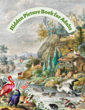 Adult hidden picture seek-and-find book cover with animals by a river and cabins
