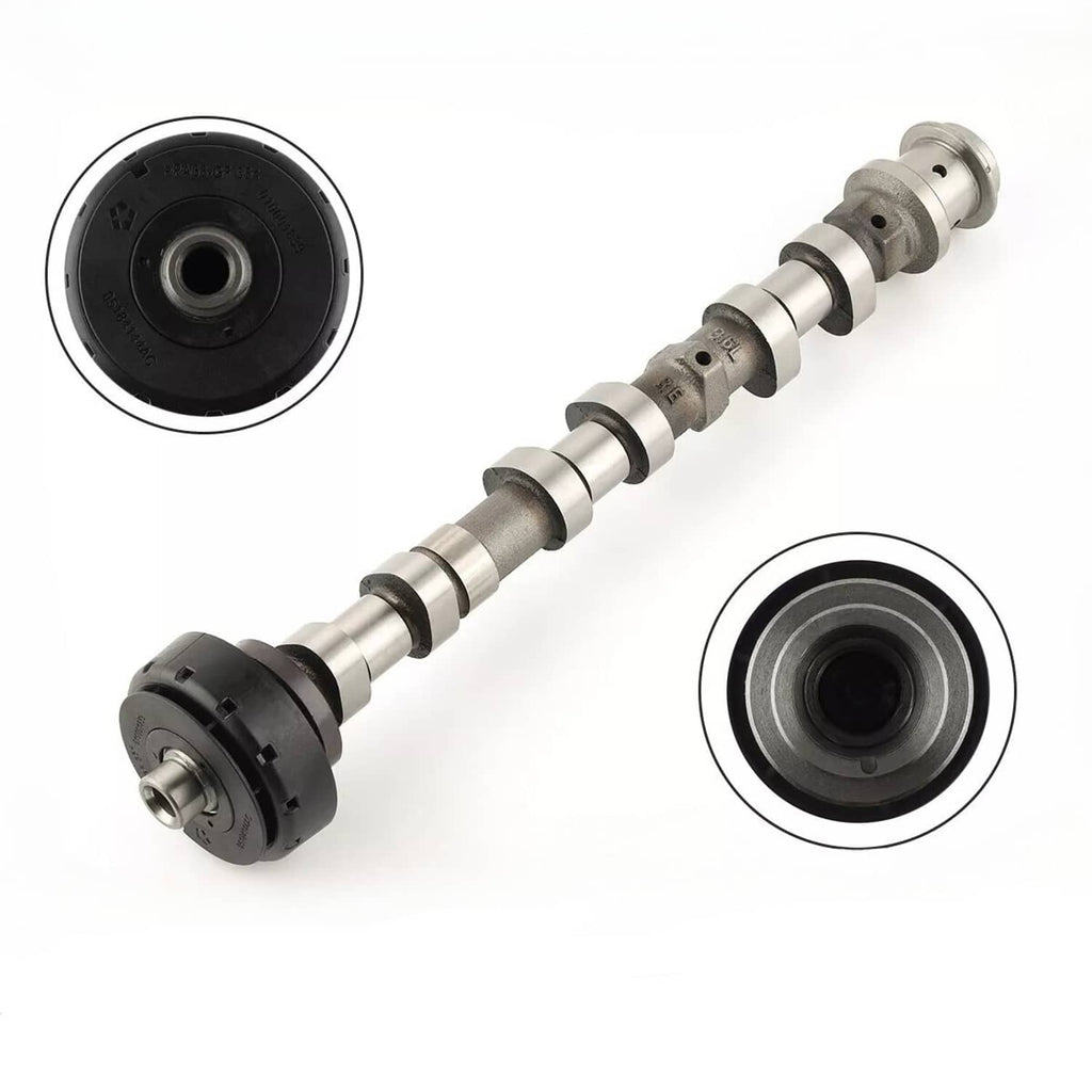 Right-side exhaust camshaft with metal lobes and black end housing, automotive part