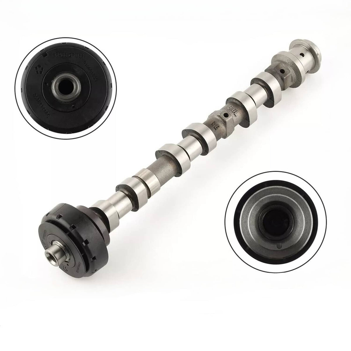 Right-side exhaust camshaft with metal lobes and black end housing, automotive part