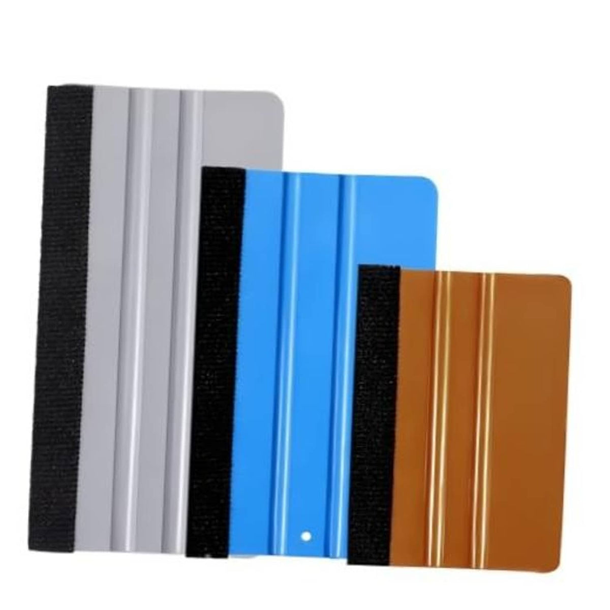 Vinyl wrap squeegee set with felt edges, three pads in gray, blue, and orange