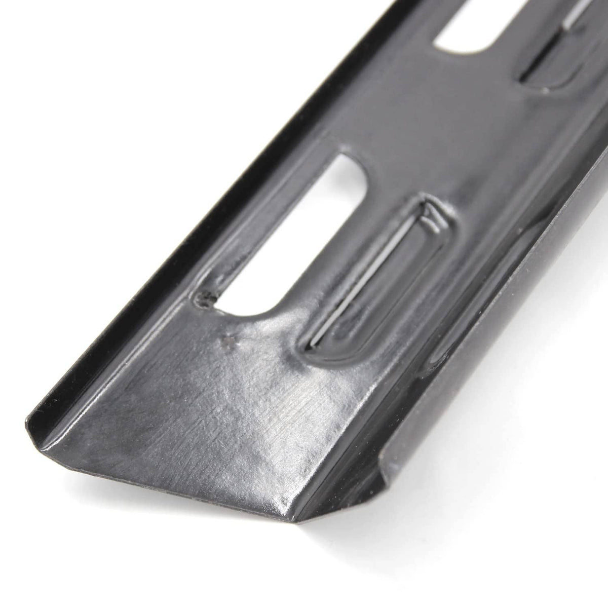 BBQ grill heat plate replacement, close-up of dark steel end with stamped handle