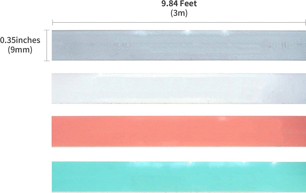 Embossing label maker refill tape strip sample: light blue, coral pink, and mint