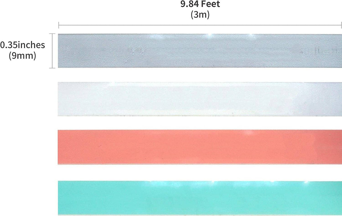 Embossing label maker refill tape strip sample: light blue, coral pink, and mint