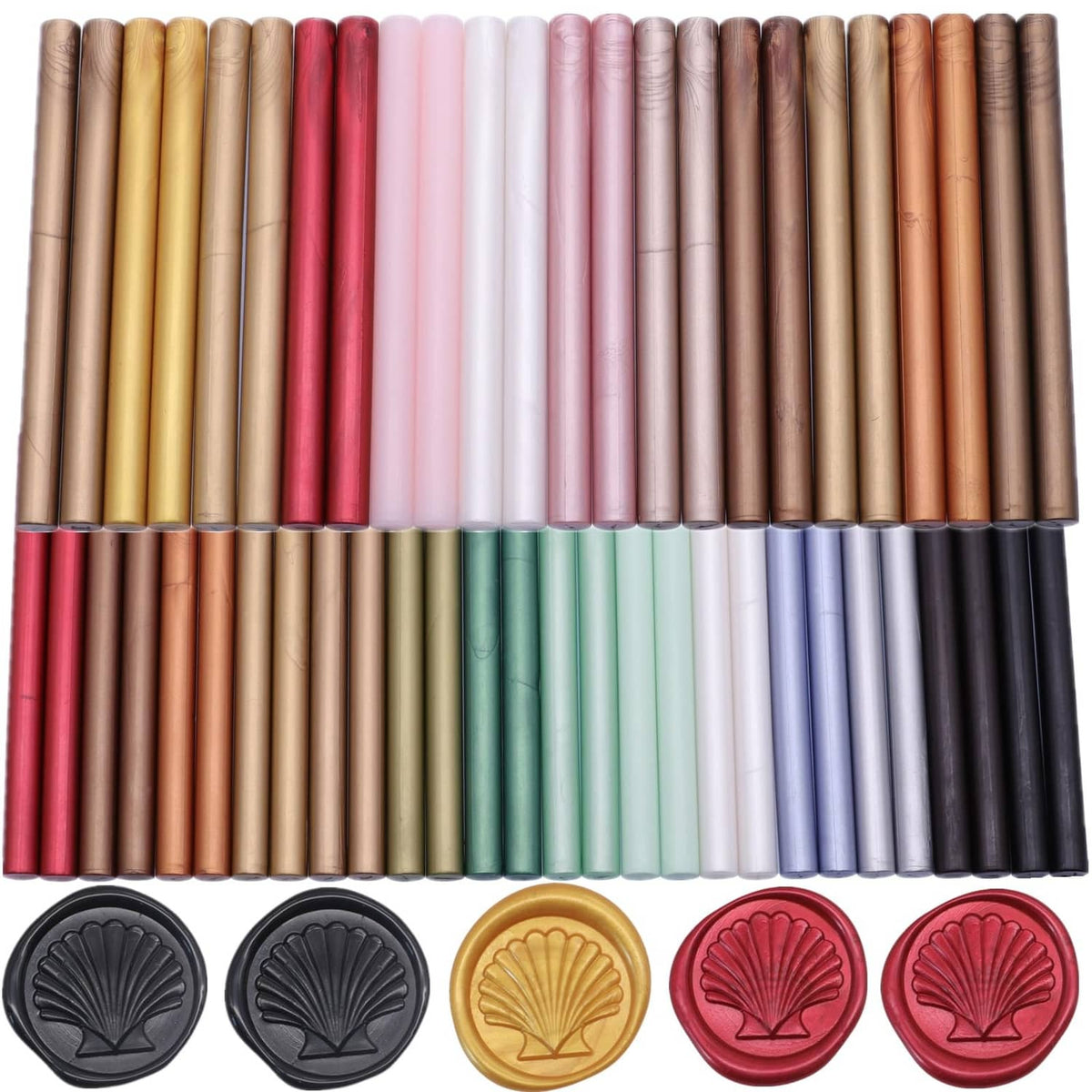 Color-matched wax seal sticks arranged in rows with round wax seal discs.