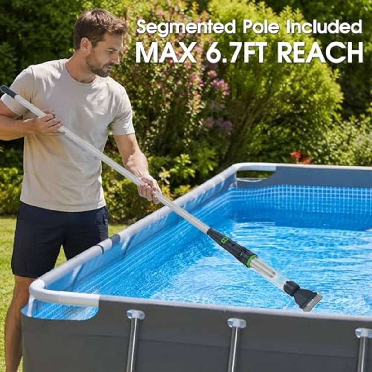 Pool vacuum cleaner on segmented pole with green base used in above-ground pool