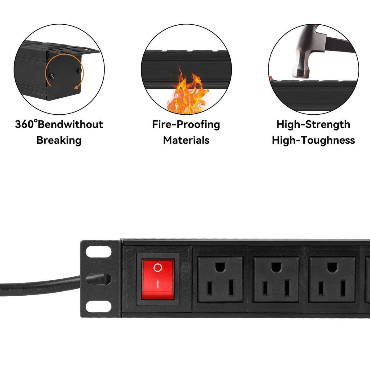 Black PDU faceplate with red rocker switch and multiple outlet receptacles