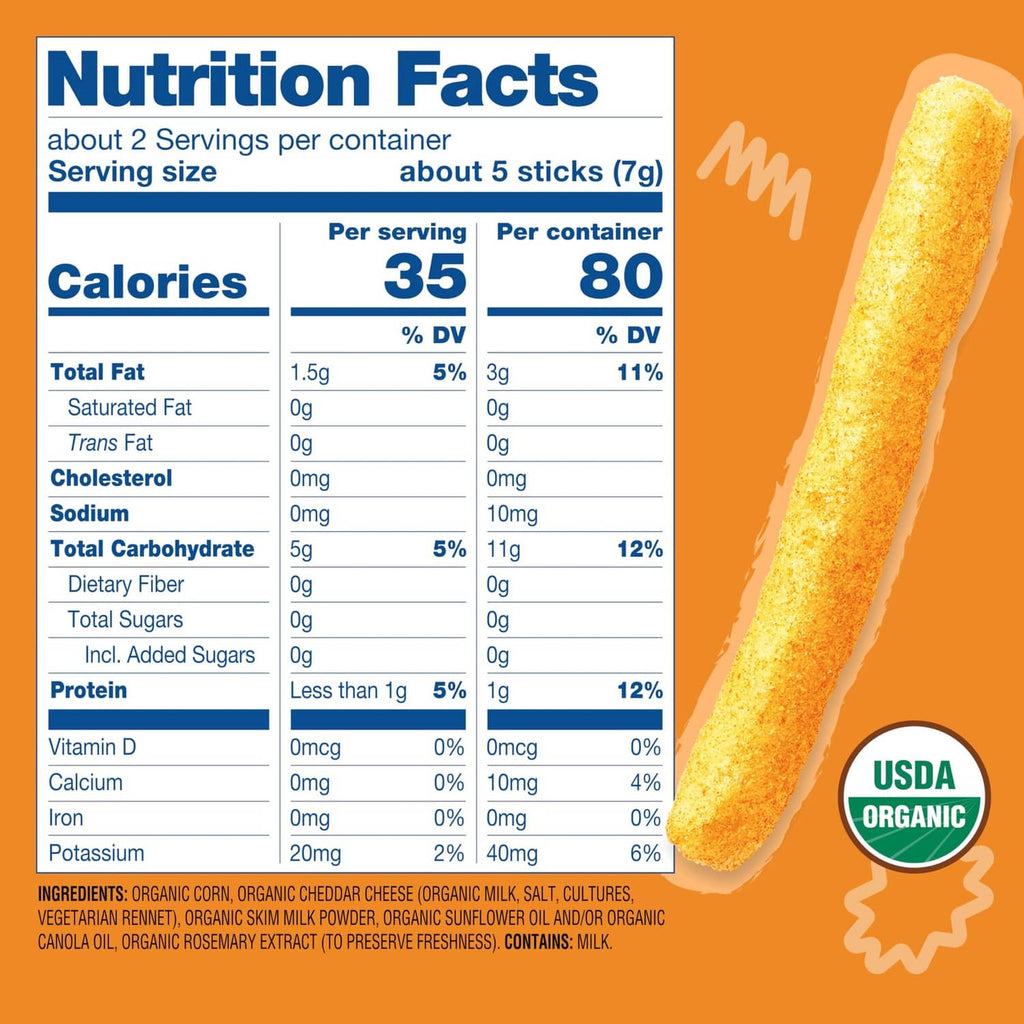Nutrition Facts panel on organic crunchy cheddar teething sticks package with USDA organic seal.