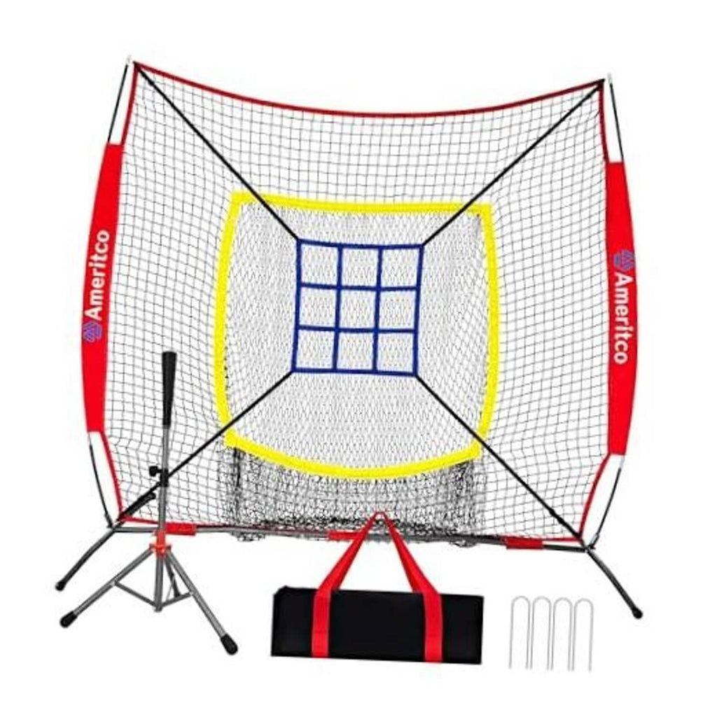 Baseball practice net with red frame and black support poles, target and tee included