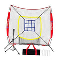 Baseball practice net with red frame and black support poles, target and tee included