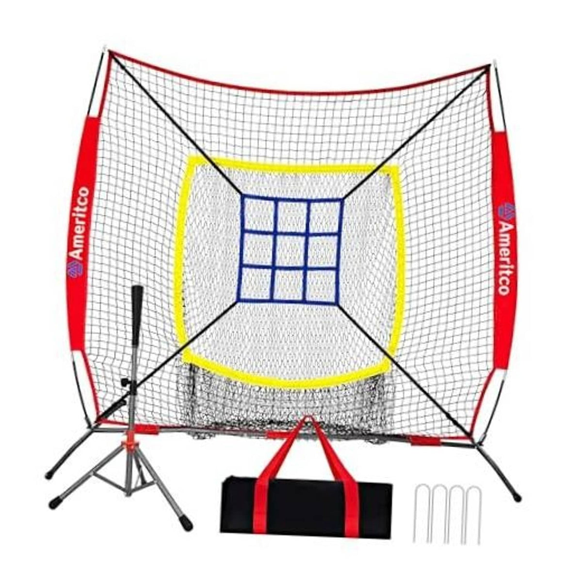 Baseball practice net with red frame and black support poles, target and tee included