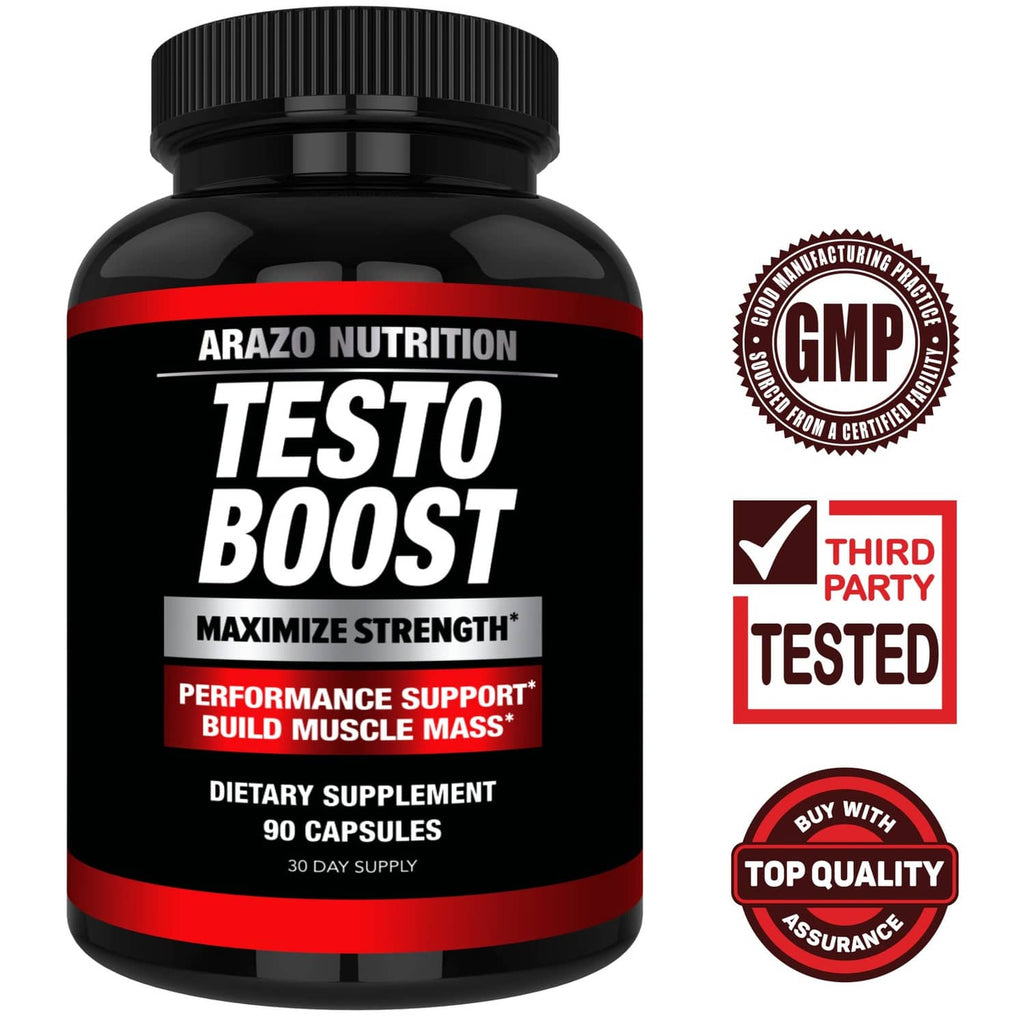 Arazo Nutrition Testo Boost bottle with GMP and third-party tested badges