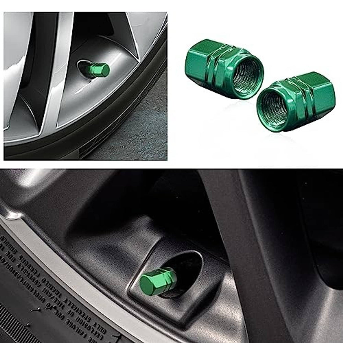 Green valve stem caps installed on an alloy wheel and shown as loose parts