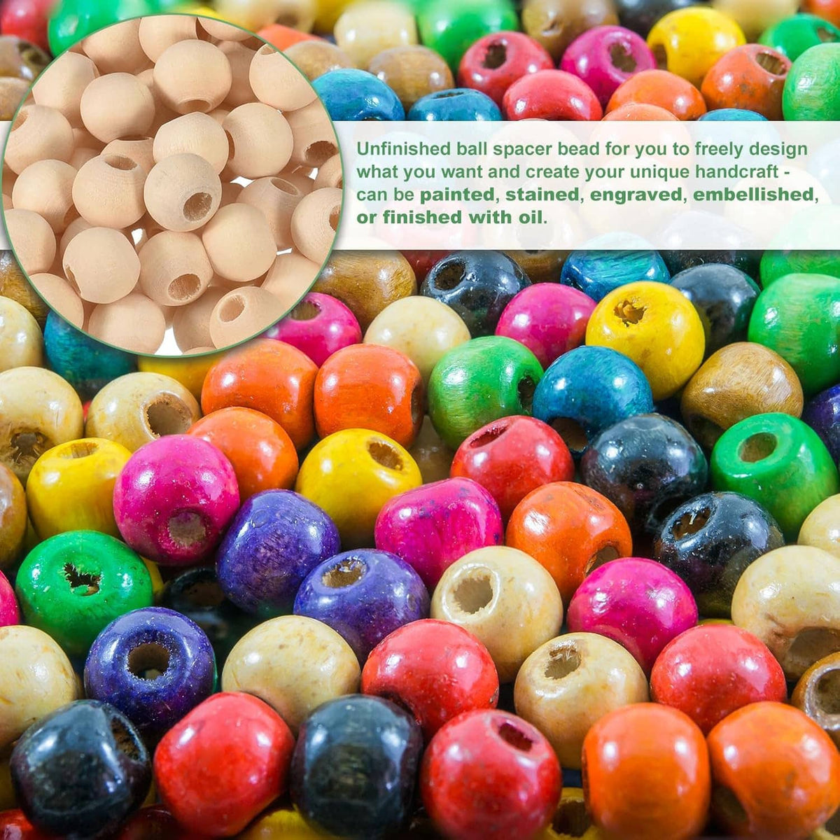 Unfinished natural wood spacer beads shown with assorted colorful ball beads