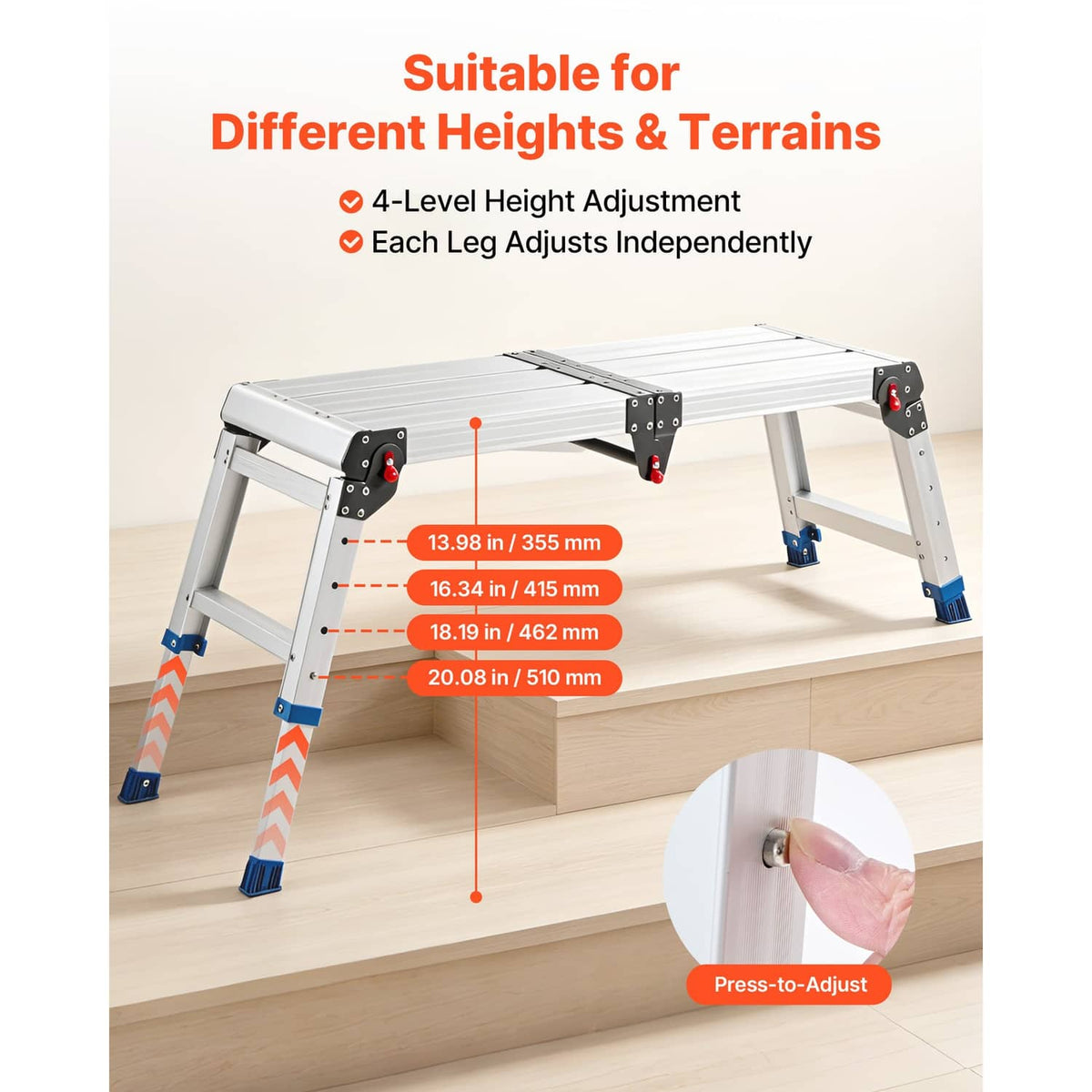 Adjustable height folding work platform with ribbed top and blue grip foot pads