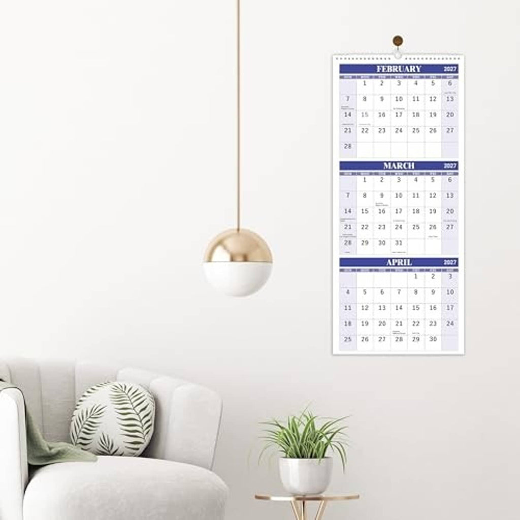 3-month wall calendar hanging display with February, March, and April 2027 monthly grids