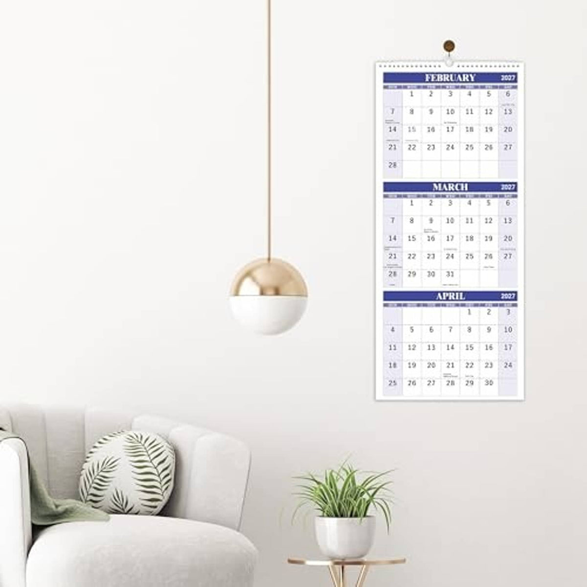 3-month wall calendar hanging display with February, March, and April 2027 monthly grids