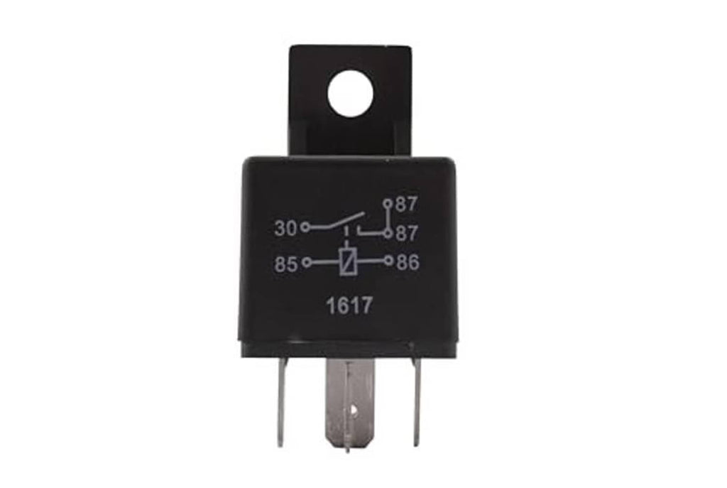 Black 12V mini ISO relay with 5-pin plugs and visible wiring markings on front