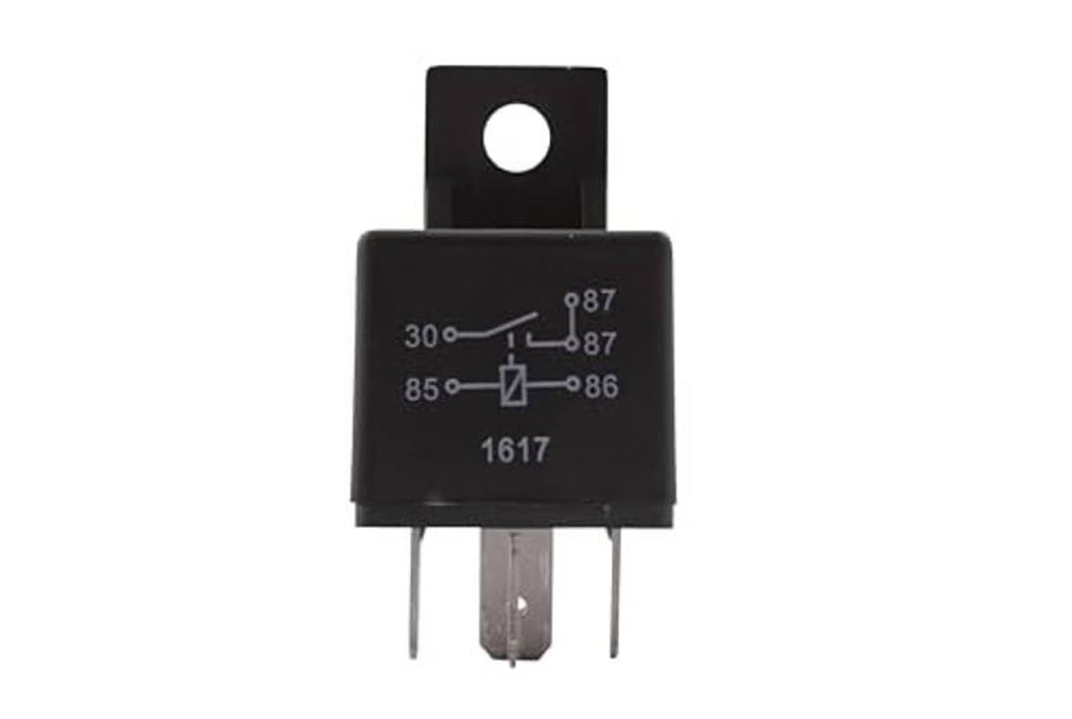 Black 12V mini ISO relay with 5-pin plugs and visible wiring markings on front