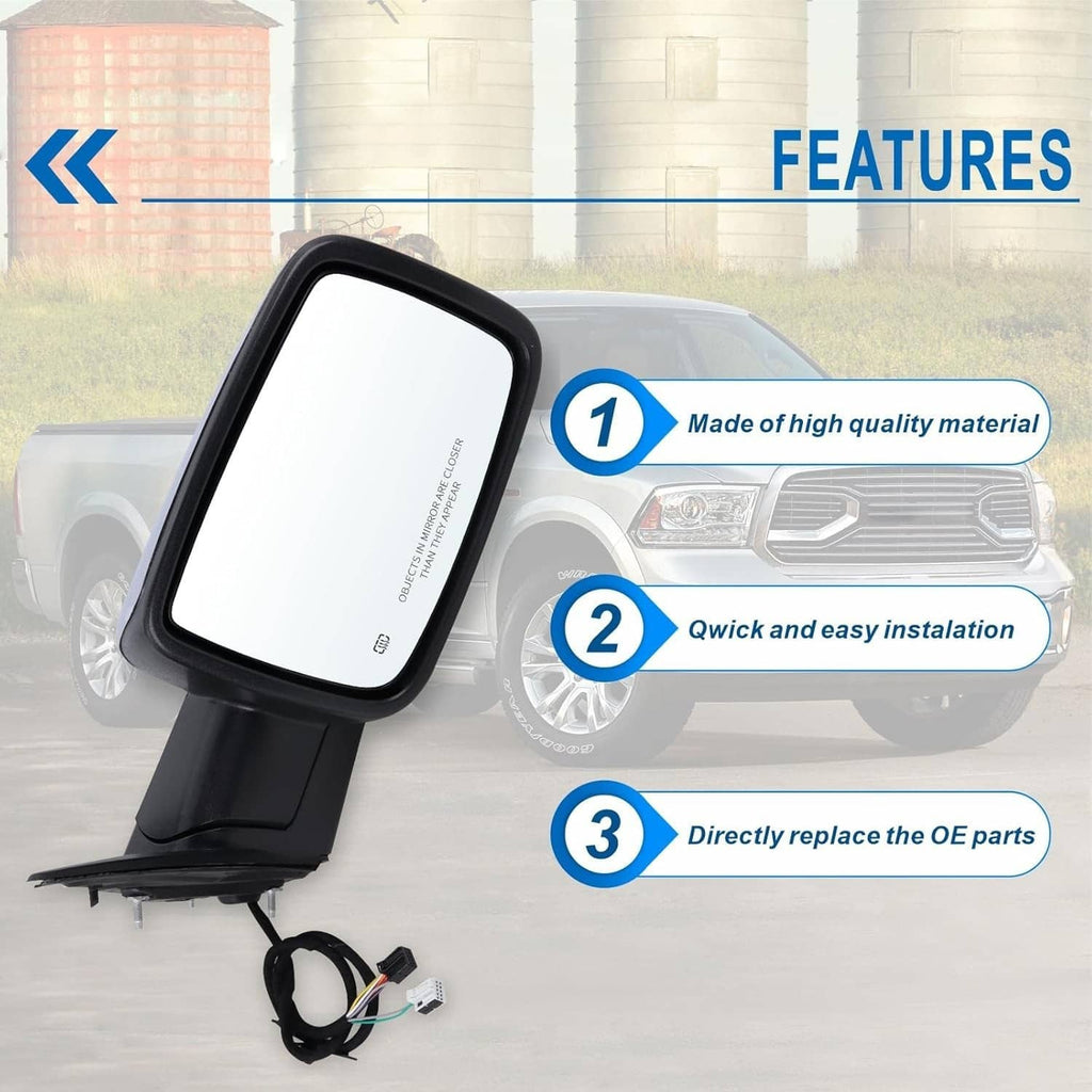 Right heated power-folding mirror with black frame and hanging wire harness.