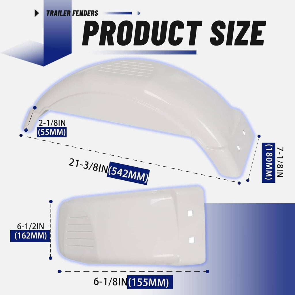 White single-axle trailer fender size diagram with mounting measurements