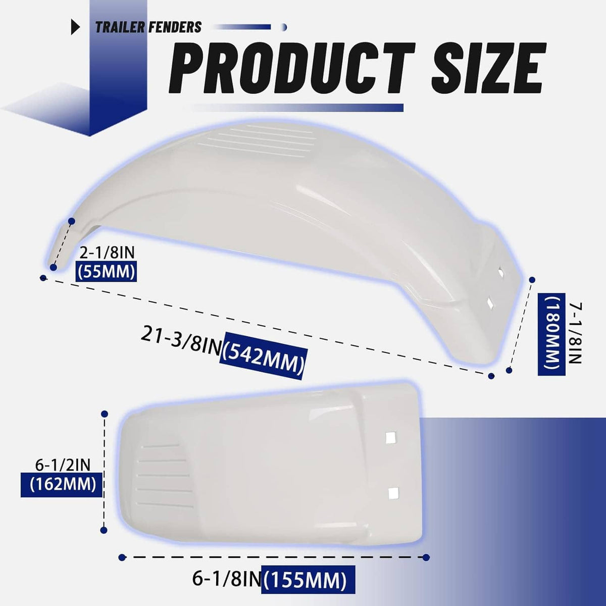 White single-axle trailer fender size diagram with mounting measurements