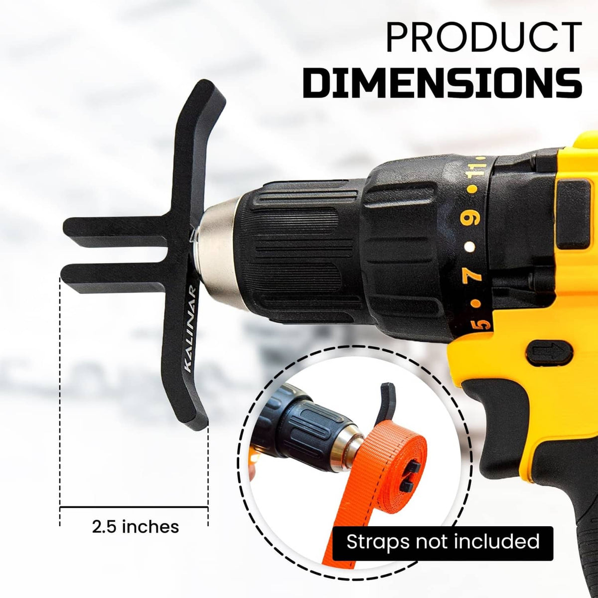 Ratchet strap winder drill attachment size with drill and orange strap on chuck