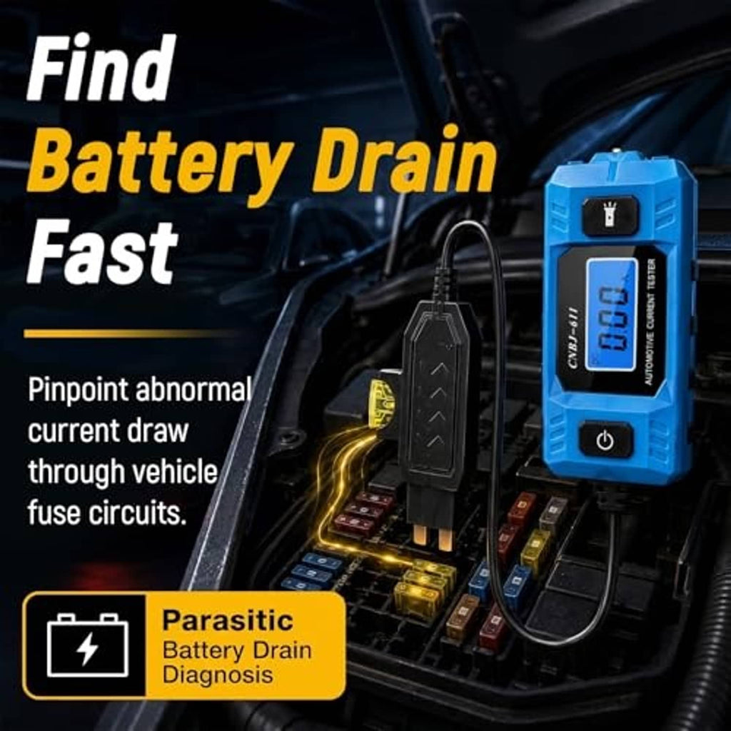 Blue parasitic battery drain tester with black fuse-probe adapter and LCD display