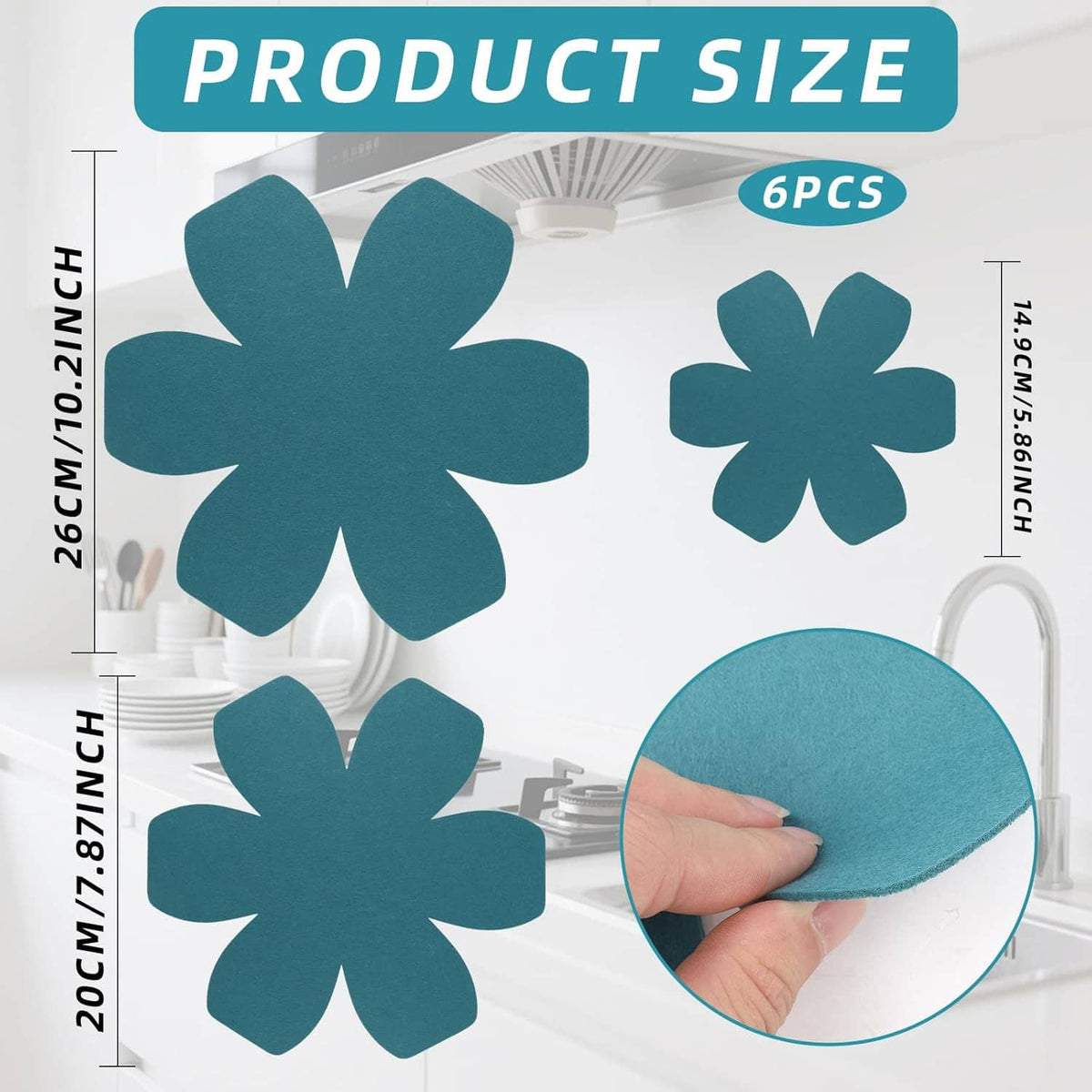 6-piece teal felt flower pot protector pads set in multiple sizes, flat discs