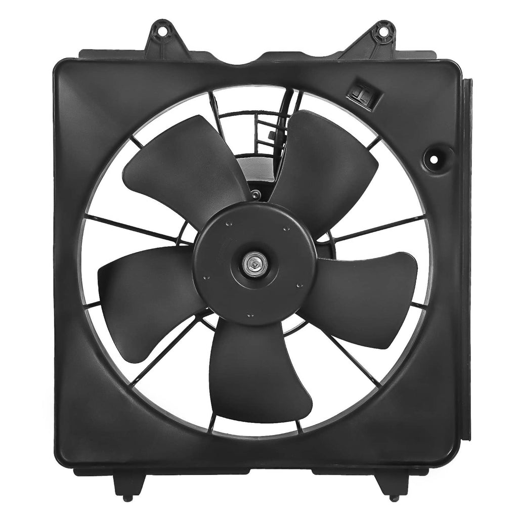 Driver-side radiator cooling fan assembly with four black blades and circular motor hub