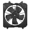 Driver-side radiator cooling fan assembly with four black blades and circular motor hub
