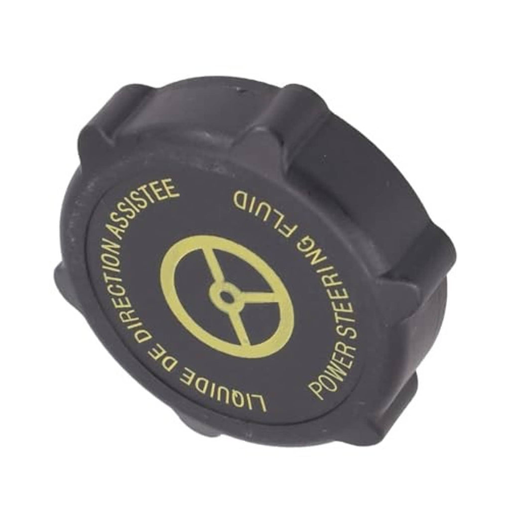 Black plastic gas oil filler cap with yellow power steering fluid label
