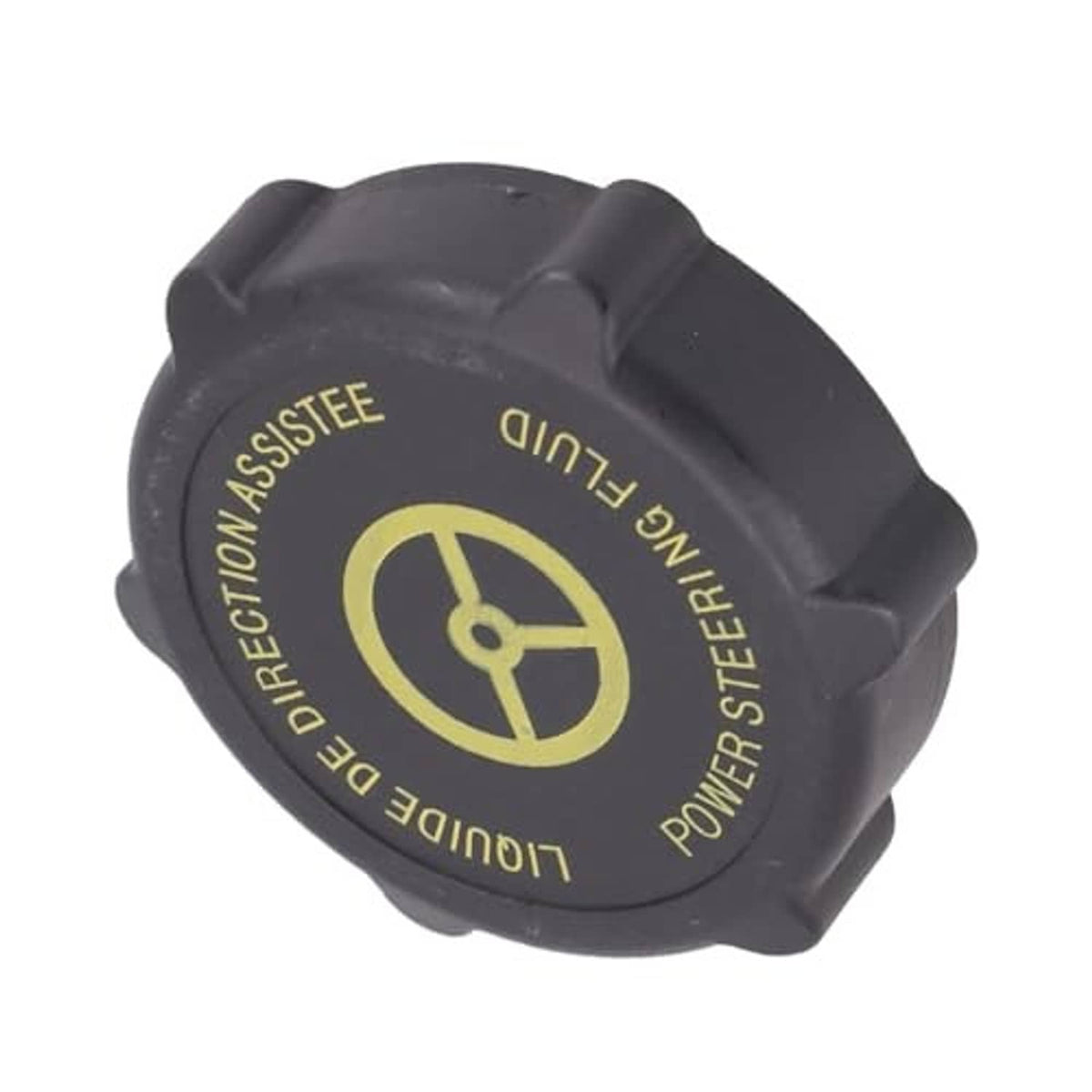 Black plastic gas oil filler cap with yellow power steering fluid label
